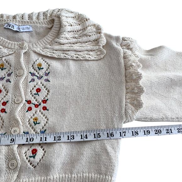 Zara Cream Floral Embroidered Eyelet Collar Frill Sleeve Cardigan Sweater Size S - Picture 8 of 9